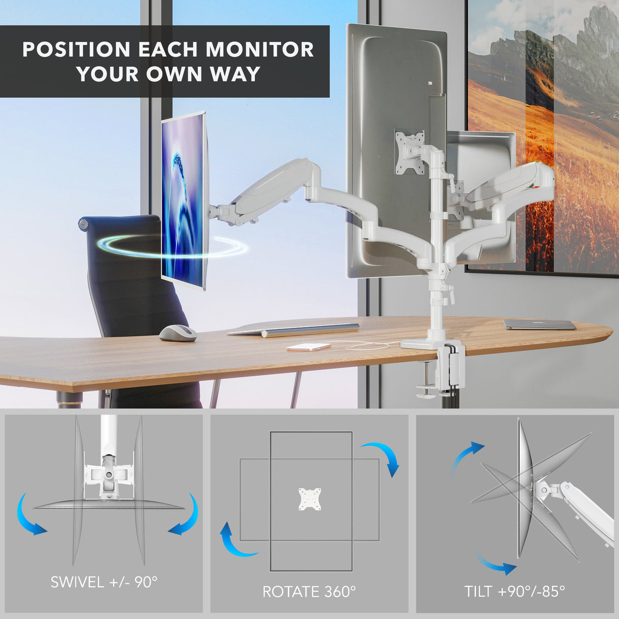 Triple Monitor Mount with Gas Spring Arms and USB Ports demonstrating adjustable positioning with monitors swiveling 90 degrees, rotating 360 degrees, and tilting between plus 90 and minus 85 degrees for customizable ergonomic setup on a desk with clamp installation.