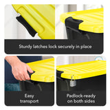 Three images of the Mount-It! Heavy-Duty Storage Bin with Lid highlight sturdy latches, an easy-carry handle, and a padlock-ready area on the lid, each feature described in text below.