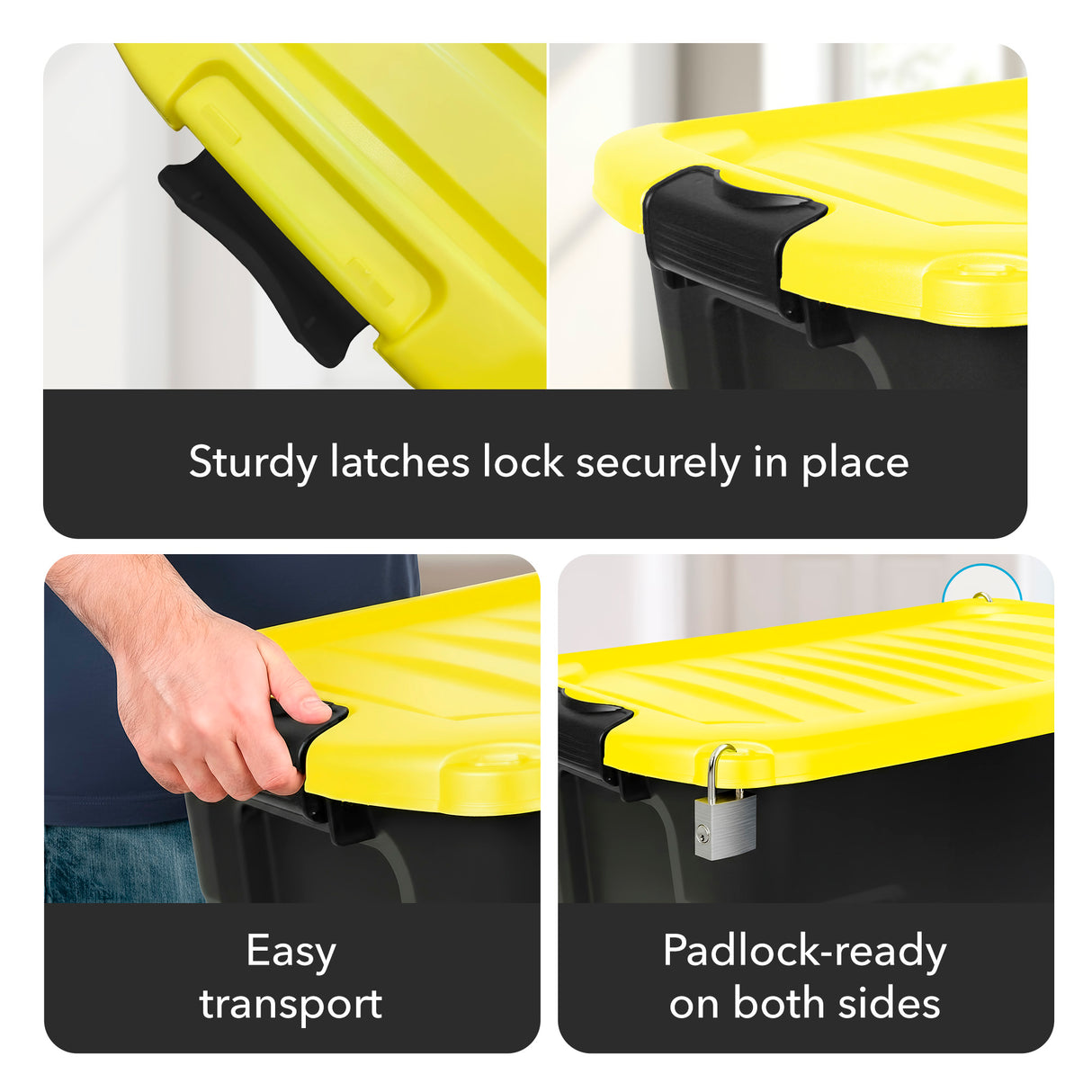 Collage of three images displays the Mount-It! Heavy-Duty Storage Bin with Lid: close-up of latch, corner secured by a padlock, and a person carrying it. Text highlights its secure latches, easy transport, padlock compatibility, and stackable design.