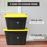 Two Mount-It! Heavy-Duty Storage Bins with yellow lids are shown, stackable and available in 44.4 qt/42L (15.5x20x13.25") or 63.4 qt/60L (15.5x23.7x16.25") sizes.