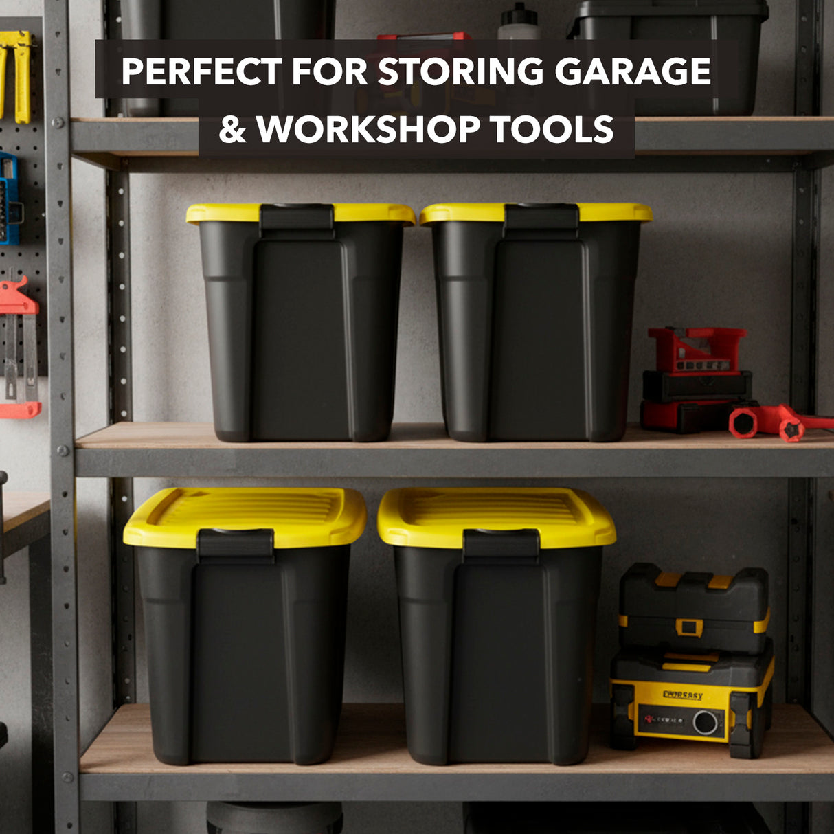 Four Mount-It! Heavy-Duty Storage Bins with Lids in black and yellow are stacked on garage shelves among tools and equipment. Text overlay: “Perfect for storing garage & workshop tools.”.