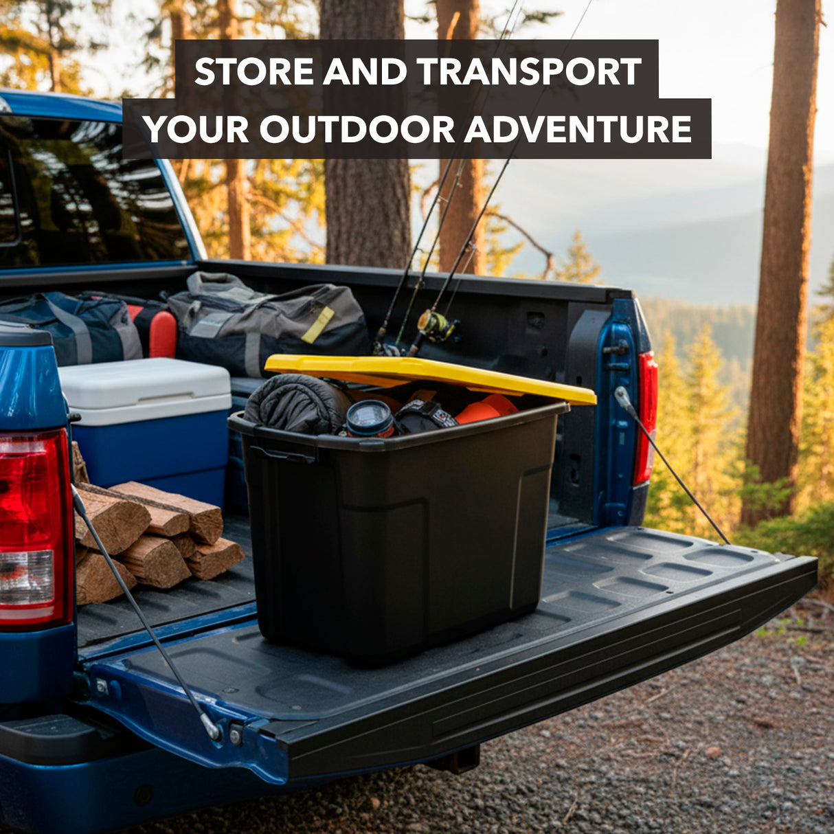 A pickup truck with its tailgate down is loaded with camping gear, firewood, a cooler, fishing rods, and the Mount-It! Heavy-Duty Storage Bin with Lid. Text: Store and transport your outdoor adventure.