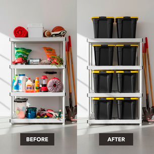 Side-by-side image of a storage shelf: left shows clutter, right displays organized Mount-It! Heavy-Duty Storage Bins with Lids made from recycled materials. “Before” and “After” labels appear below; gardening tools lean against the shelf.