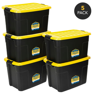 Five Mount-It! Heavy-Duty Storage Bins with yellow lids are stacked in two columns against a white background. Each bin has a label for easy ID, and a “5 Pack” circle highlights the set—ideal for organizing any space.