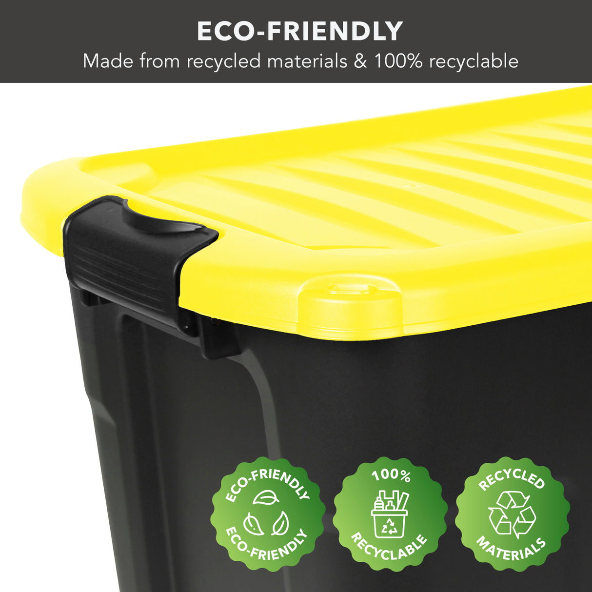 A Mount-It! Heavy-Duty Storage Bin with Lid is shown in black with a yellow lid. ECO-FRIENDLY: Made from recycled materials & fully recyclable. Three eco icons highlight its sustainability. Ideal for stackable storage needs.