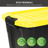 A Mount-It! Heavy-Duty Storage Bin with Lid is shown in black with a yellow lid. ECO-FRIENDLY: Made from recycled materials & fully recyclable. Three eco icons highlight its sustainability. Ideal for stackable storage needs.