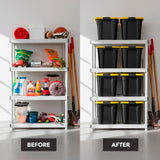 Side-by-side comparison of a storage shelf: left cluttered with items, right organized with Mount-It! Heavy-Duty Storage Bin with Lid—uniform black bins and yellow lids. "Before" and "After" labels sit at the bottom.