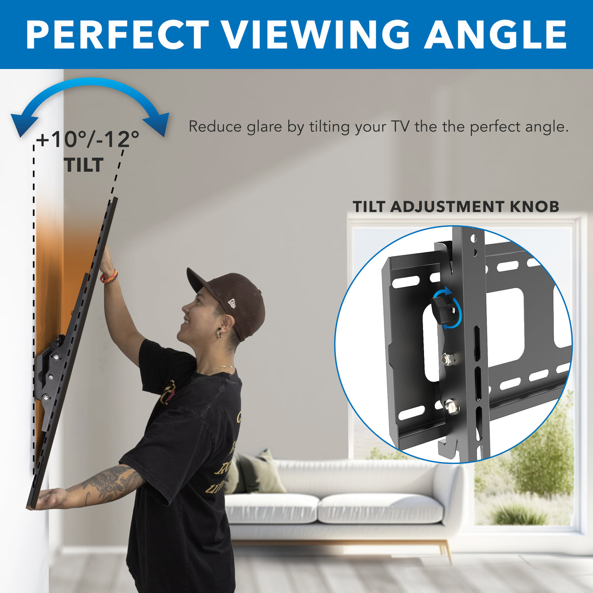 A person adjusts the Mount-It! Heavy-Duty Tilt TV Wall Mount, showing its +10° to -12° tilt range. An inset highlights the tilt adjustment knob, and text notes reduced glare by tilting this VESA compatible mount.