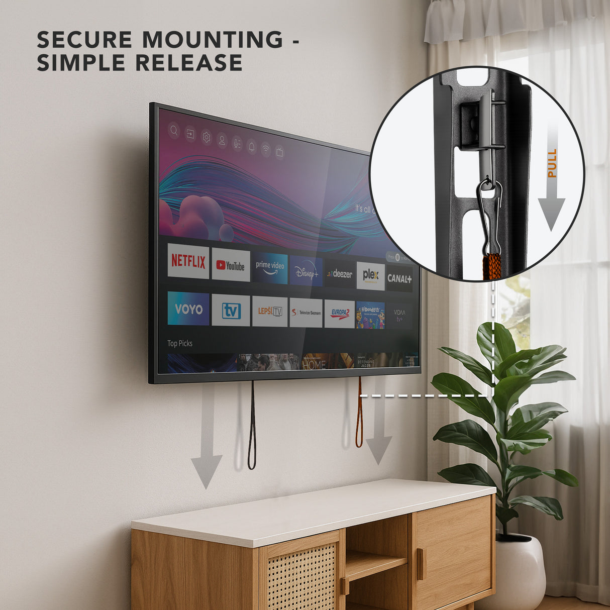 Low Profile Slim TV Wall Mount Fixed TV Bracket by Mount-It! shown mounted on a wall above a wooden cabinet with a flat-panel TV secured closely flush to the wall, highlighting anti-lift spring lock mechanism with pull cords for easy and secure release, emphasizing sleek, space-saving installation suitable for modern living spaces.