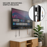 Low Profile Slim TV Wall Mount Fixed TV Bracket by Mount-It! shown mounted on a wall above a wooden cabinet with a flat-panel TV secured closely flush to the wall, highlighting anti-lift spring lock mechanism with pull cords for easy and secure release, emphasizing sleek, space-saving installation suitable for modern living spaces.