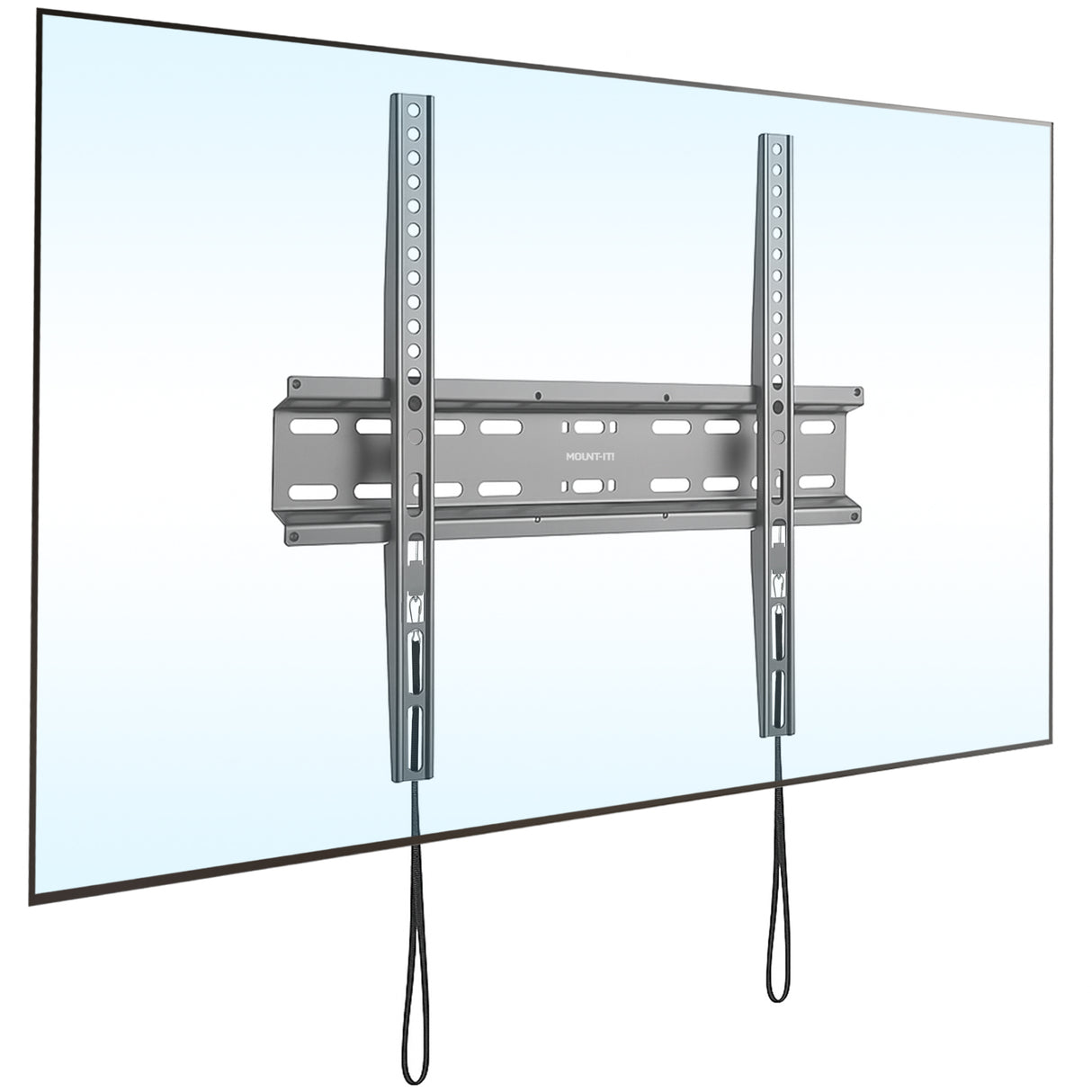 Mount-It! Low Profile Slim TV Wall Mount Fixed TV Bracket designed for 32- to 55-inch flat-panel TVs, featuring high-strength steel construction, anti-lift spring locks for security, and compatibility with VESA patterns up to 400x400 mm, mounting TVs just 1.1 inches from the wall for a sleek, space-saving setup ideal for living rooms, bedrooms, or offices.
