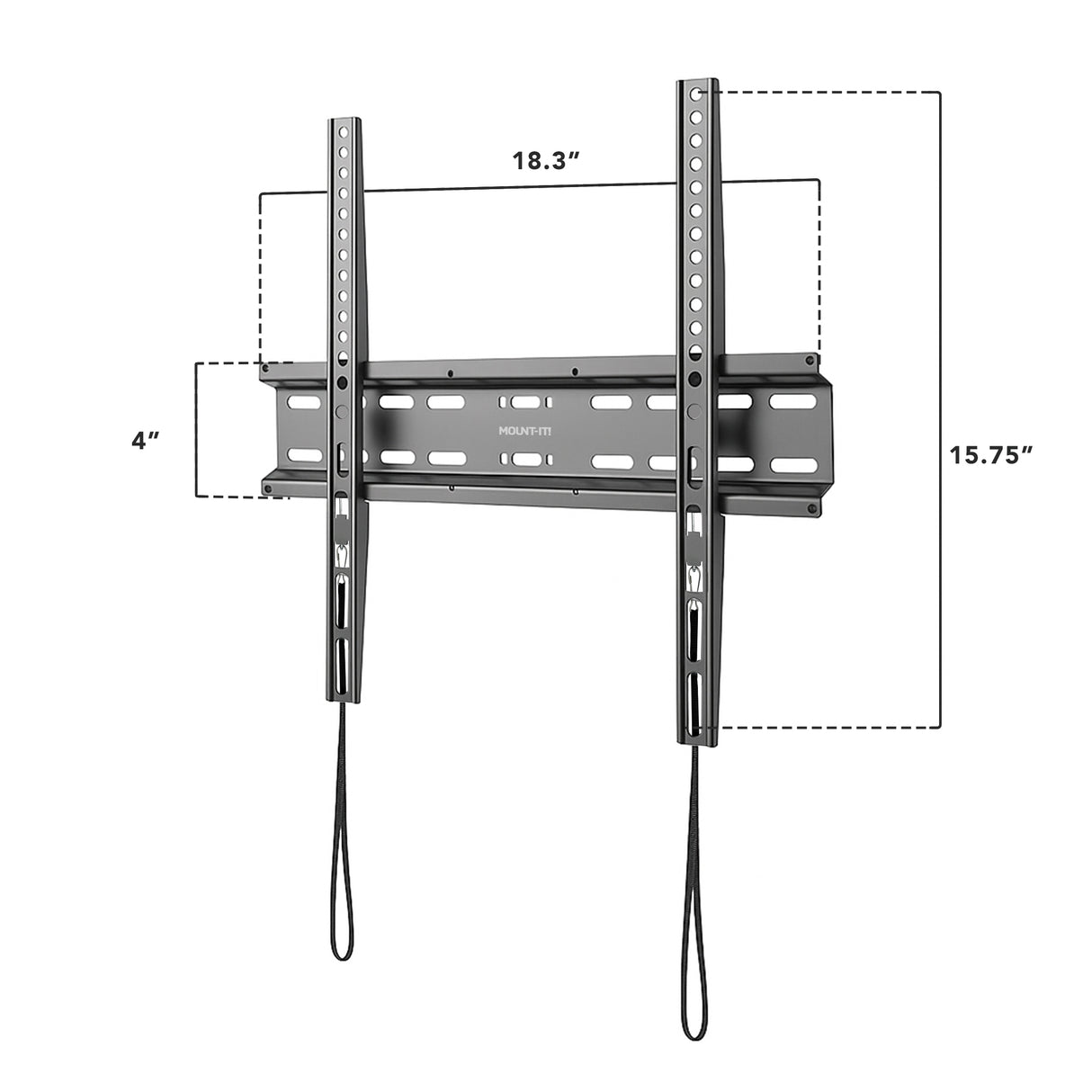 Mount-It! Low Profile Slim TV Wall Mount Fixed TV Bracket shown with detailed dimensions, constructed from high-strength steel, designed for 32- to 55-inch flat-panel TVs, featuring vertical mounting rails with pull cords for easy installation, measuring 18.3 inches wide, 15.75 inches tall, and 4 inches deep, supporting up to 77 pounds and offering a low-profile, sleek, space-saving design.