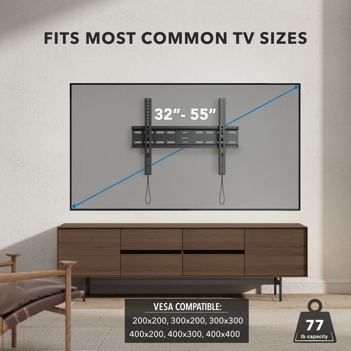 Low Profile Slim TV Wall Mount Fixed TV Bracket installed on a wall above a modern wooden media console, designed to fit most common TV sizes from 32 to 55 inches, showing VESA compatibility from 200x200 to 400x400 mm and supporting up to 77 pounds for a sleek, space-saving setup in a contemporary living room.