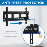 Heavy-Duty Ultra Low Profile TV Wall Mount with Locking Feature showcasing its anti-theft protection with a close-up of the locking sliding bar that provides extra security by allowing a padlock attachment, designed to securely hold large TVs while maintaining a low-profile sleek appearance against the wall, ideal for public spaces or short term rentals.