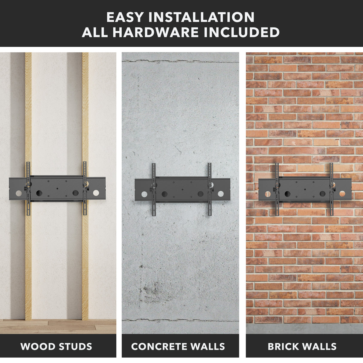 Heavy Duty Full Motion TV Wall Mount with Extension installed on wood stud, concrete, and brick walls demonstrating easy installation with all hardware included for secure mounting on various surfaces.