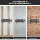 Heavy Duty Full Motion TV Wall Mount with Extension installed on wood stud, concrete, and brick walls demonstrating easy installation with all hardware included for secure mounting on various surfaces.