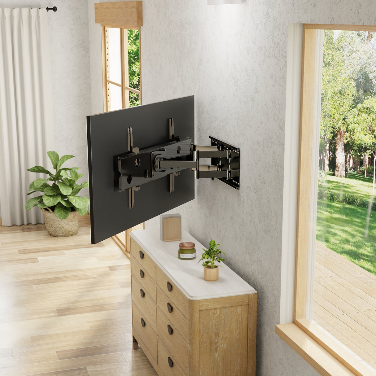 Heavy Duty Full Motion TV Wall Mount with Extension installed in a modern living room, showcasing the dual arm extension holding a large flat-screen TV mounted close to the wall with the ability to extend outward, swivel left and right, and tilt up and down, demonstrating its sturdy steel construction and compatibility with heavy televisions for secure and flexible positioning.
