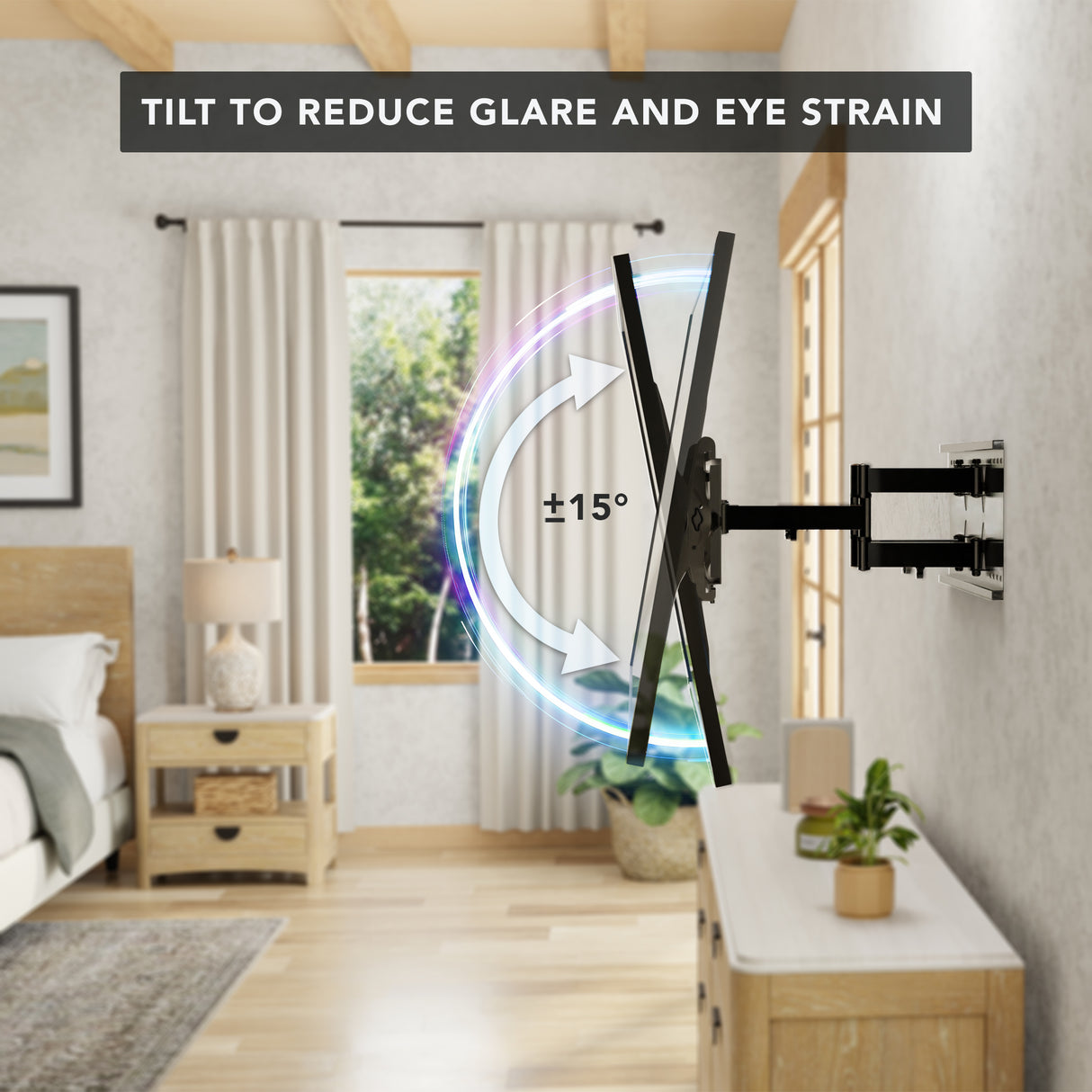 Heavy Duty Full Motion TV Wall Mount with Extension installed in a bedroom, showing the screen tilted ±15 degrees from vertical to reduce glare and eye strain, extending from the wall with dual arm design for adjustable viewing angles and stability.