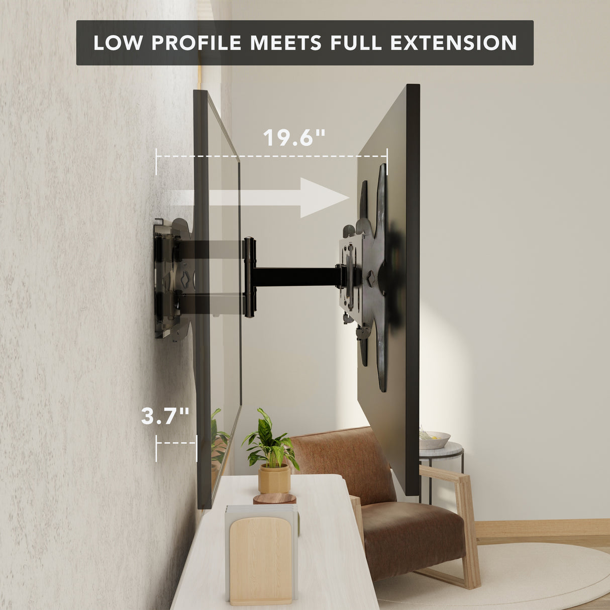 Side view of a heavy duty full motion TV wall mount with extension installed on a wall, showing the TV positioned 3.7 inches from the wall when retracted and extended out to 19.6 inches, demonstrating its low profile and full extension capability in a modern living room setting.