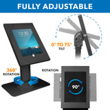 Anti-Theft Tablet Countertop Stand for iPad, iPad Air, iPad Pro showing its fully adjustable locking enclosure with 360-degree rotation at the base, 0 to 75-degree tilt capability, and 90-degree screen rotation, designed for secure and versatile use in public spaces.