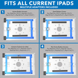 Instructional diagram for Mount-It! Anti-Theft Tablet Countertop Stand shows four adapter options for mounting iPad, iPad Air, and iPad Pro, with labeled sections for home button access, hard button cover, camera cutout, and no home button.