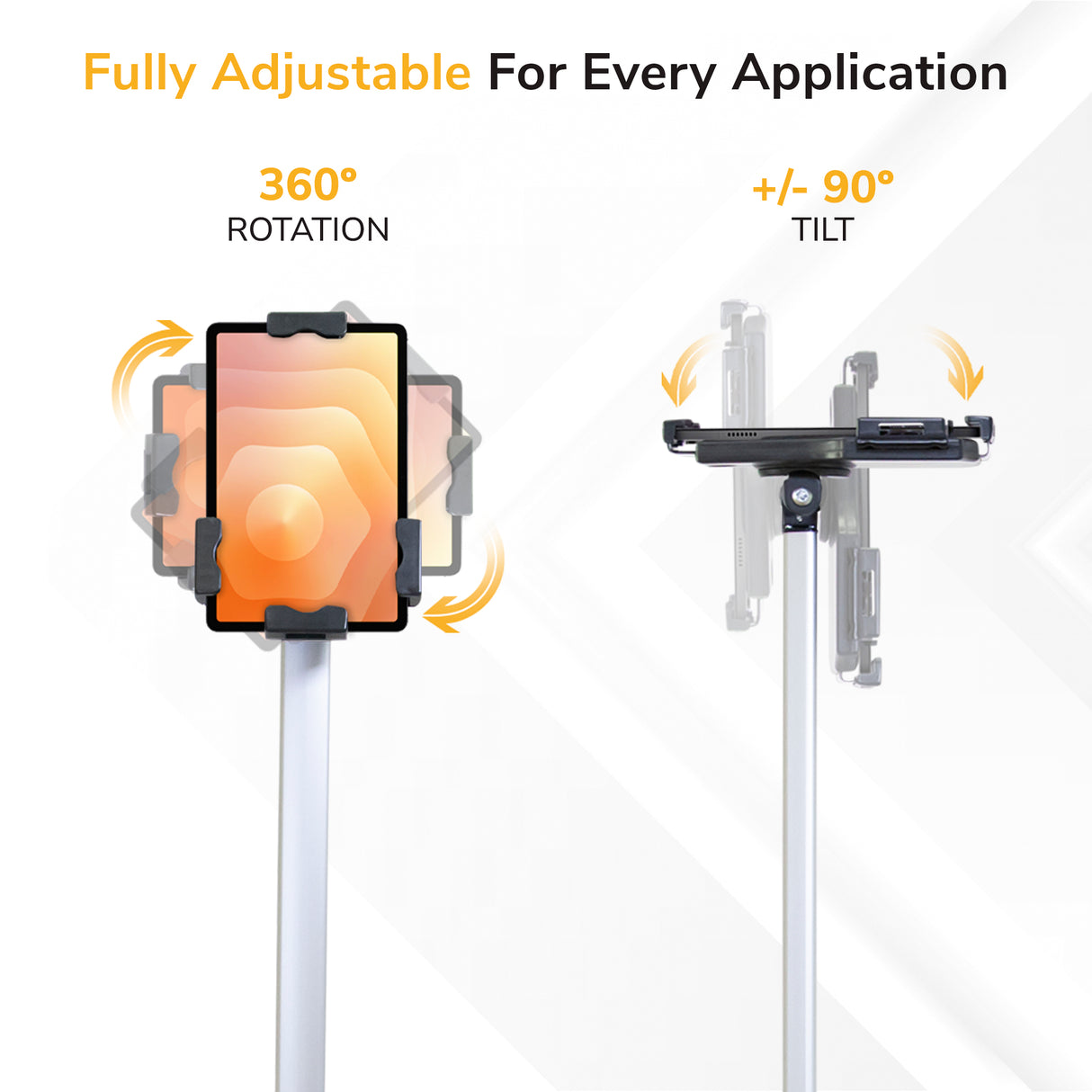 The Mount-It! Secure Universal Tablet Floor Stand with Lock features 360° rotation and ±90° tilt. “Fully Adjustable For Every Application.” Perfect as a universal tablet stand or lockable mount for any retail kiosk.