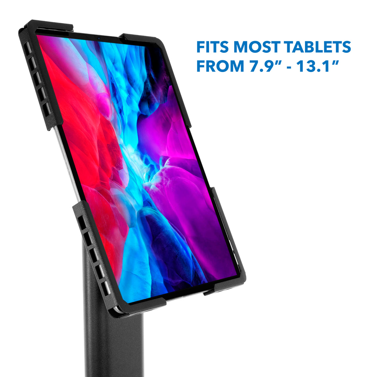 The Mount-It! Universal Tablet Floor Kiosk features a black, tamper-proof, adjustable stand with a vibrant display. Text beside it states: "Fits most tablets from 7.9” - 13.1”.
