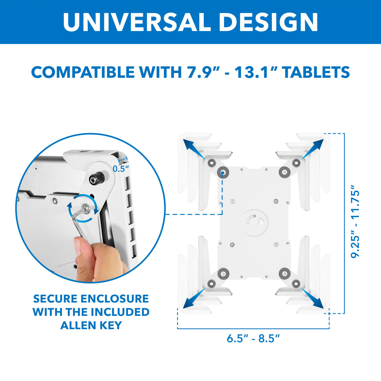 Diagram of the Mount-It! Universal Tablet Floor Kiosk, compatible with 7.9"–13.1" tablets, featuring adjustable arms, secure enclosure with Allen key, and dimensions of 6.5–8.5" wide by 9.25–11.75" tall.