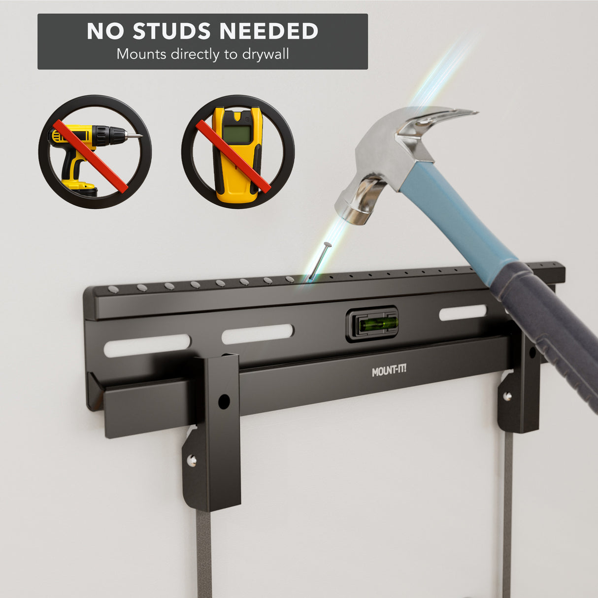 Close-up of the Mount-It! No Stud TV Wall Mount for TVs 23" - 65", showing a hammer installing the mount directly into drywall without the need for drills or stud finders, highlighting easy, damage-free setup with built-in bubble level for precise alignment.