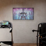 No Stud TV Wall Mount for TVs 23" - 65" installed on a textured wall in a home gym setting, holding a flat screen TV streaming a fitness class, showcasing its low-profile design, clean mounting without visible studs or damage, and suitability for spaces like bedrooms, apartments, or offices where easy, damage-free installation is key.