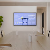 Modern conference room with a large flat-screen TV mounted on a white wall using the No Stud TV Wall Mount for TVs 23" - 65", featuring a sleek, low-profile design that keeps the TV close to the wall for a clean and minimalist look. The mount supports heavy TVs without drilling, ideal for drywall installation, providing a damage-free, secure setup with built-in level and quick-release locks for easy removal.