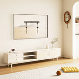 No Stud TV Wall Mount for TVs 37" to 86" installed on smooth drywall above a modern white media console in a stylish living room, demonstrating a sleek flush design without studs or wood drilling, highlighting the mount’s secure, low-profile fit and integrated bubble level, ideal for large TVs in contemporary home settings where traditional stud mounting is not possible or desired.