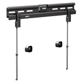 No Stud TV Wall Mount for TVs 37" to 86" by Mount-It! shown with durable black metal frame designed for mounting large TVs up to 132 lbs directly on drywall without studs, featuring adjustable straps, integrated bubble level for precise installation, and slim profile mounting system allowing TVs to sit just 1.1 inches from the wall for a sleek, professional, and secure setup without drilling into wood.