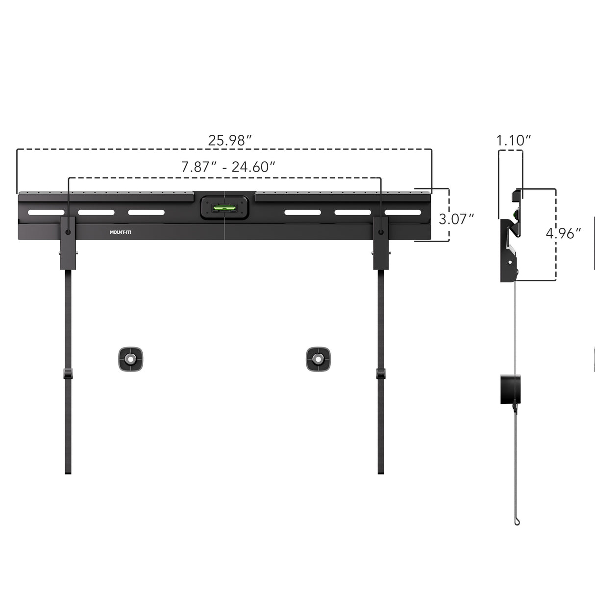 Technical diagram of the No Stud TV Wall Mount for TVs 37" to 86" showing detailed dimensions including width of 25.98 inches, adjustable horizontal range from 7.87 to 24.60 inches, height of 3.07 inches on the mounting bar, and 1.1 inch slim side profile. Features a built-in bubble level and pull-release cords for easy installation and removal, designed for mounting TVs without drilling into studs.