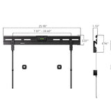 Technical diagram of the No Stud TV Wall Mount for TVs 37" to 86" showing detailed dimensions including width of 25.98 inches, adjustable horizontal range from 7.87 to 24.60 inches, height of 3.07 inches on the mounting bar, and 1.1 inch slim side profile. Features a built-in bubble level and pull-release cords for easy installation and removal, designed for mounting TVs without drilling into studs.
