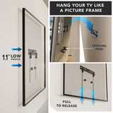 Close-up views of the No Stud TV Wall Mount for TVs 37" to 86" showing its slim 1.1-inch low profile design that allows the TV to hang like a picture frame, featuring leveling pads for precise adjustment and a pull-to-release mechanism for easy TV removal and reinstallation, ideal for mounting large TVs securely on drywall without drilling into studs.