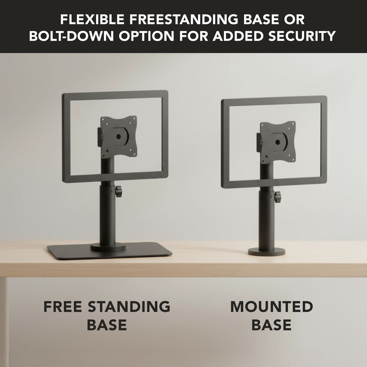 Two Mount-It! Point-of-Sale Monitor Stands are shown: one with a wide, flat free-standing base and the other with a narrow mounted base, offering flexible installation for retail counters or POS setups.
