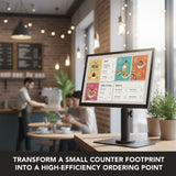 A modern cafe with exposed brick walls uses the Mount-It! Point-of-Sale Monitor Stand on the counter for a sleek ordering kiosk. Text: Transform a small counter footprint into a high-efficiency ordering point.