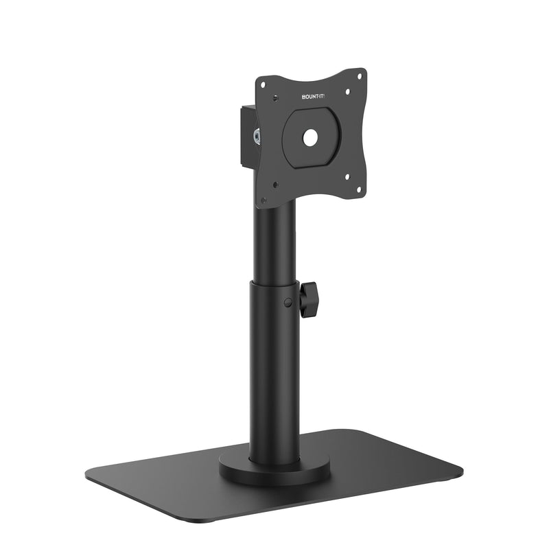 The Mount-It! Point-of-Sale Monitor Stand features an adjustable black design with a flat rectangular base and VESA-compatible plate—perfect for retail counters or POS setups, shown on a white background.