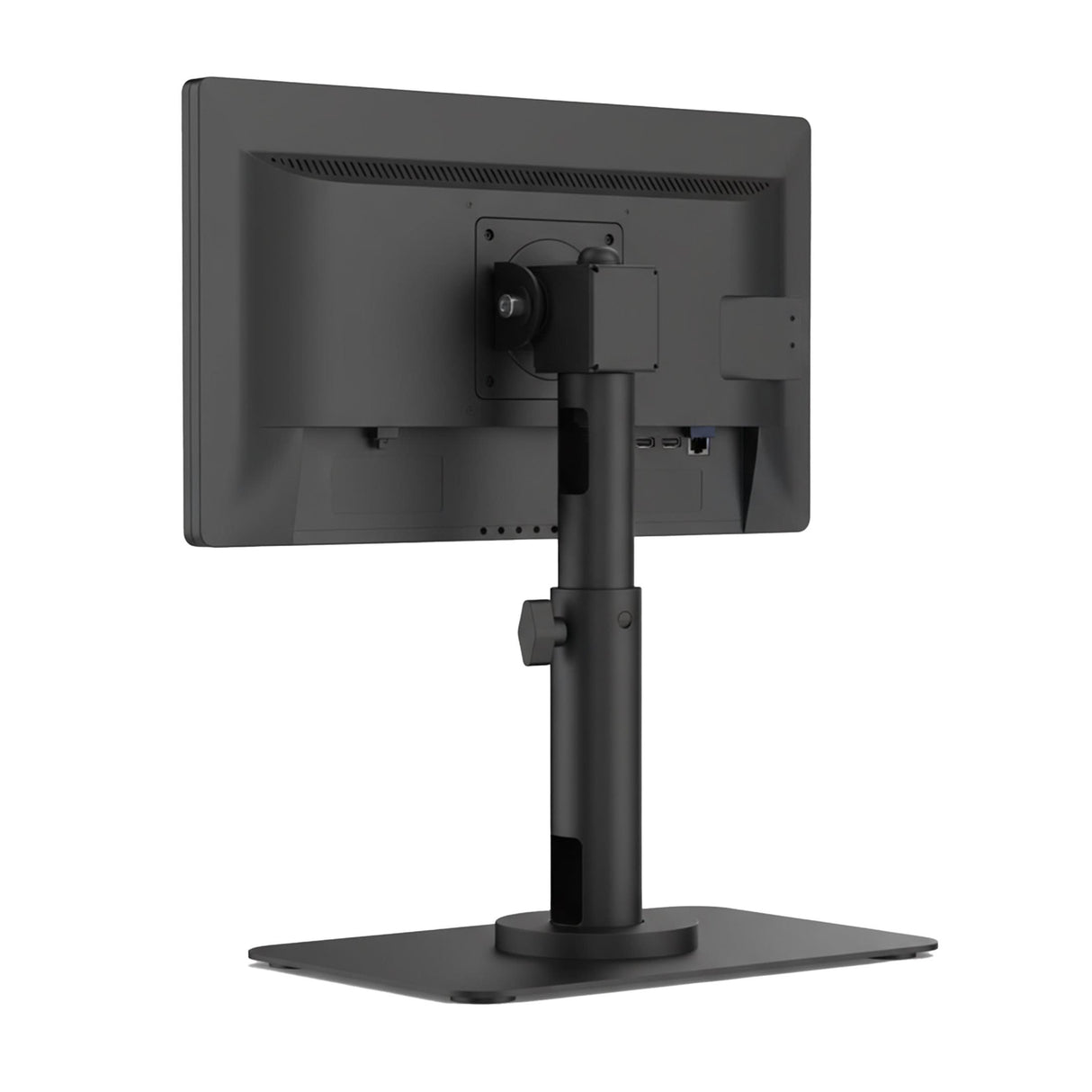 The Mount-It! Point-of-Sale Monitor Stand holds a black monitor, shown from the back with visible ports and cable management. Its wide, flat base is perfect for retail counters and point-of-sale setups.