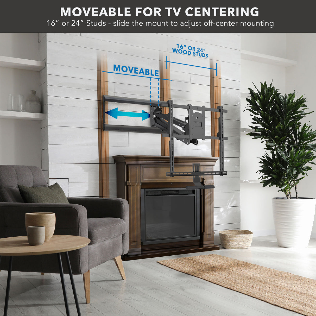 Pull Down Fireplace TV Mount installed above a wooden fireplace mantel in a modern living room, demonstrating the mount’s horizontal slide feature for centering TVs on 16" or 24" wood studs, allowing adjustable off-center installation for TVs up to 65 inches, shown with arrows indicating the moveable range and stud spacing.