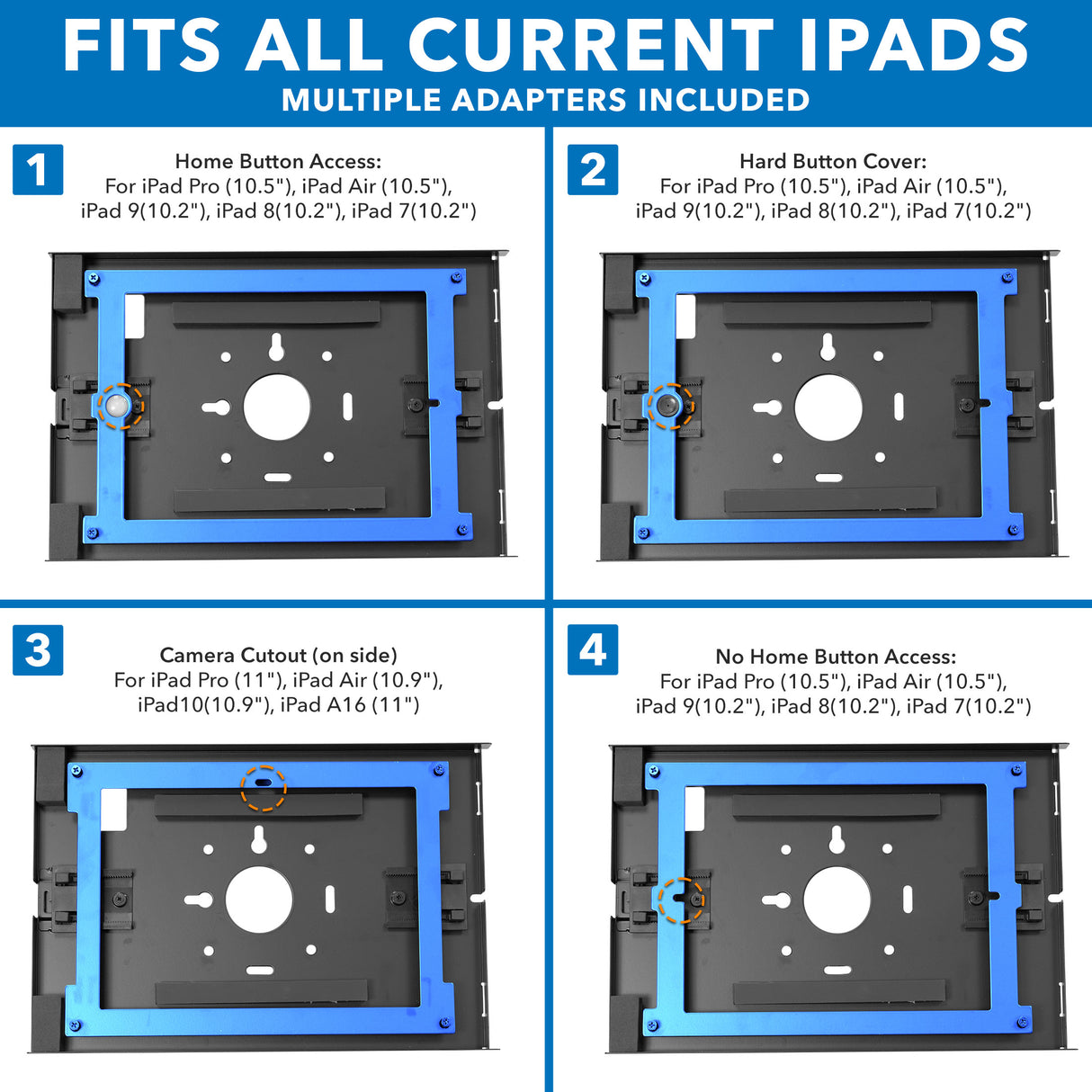Instructional graphic displays four mounting plate setups for the Mount-It! Anti-Theft Tablet Kiosk, compatible with iPad, iPad Air, and iPad Pro—options include home button access, hard button cover, camera cutout, or no home button access.