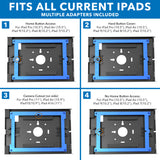 Instructional graphic displays four mounting plate setups for the Mount-It! Anti-Theft Tablet Kiosk, compatible with iPad, iPad Air, and iPad Pro—options include home button access, hard button cover, camera cutout, or no home button access.