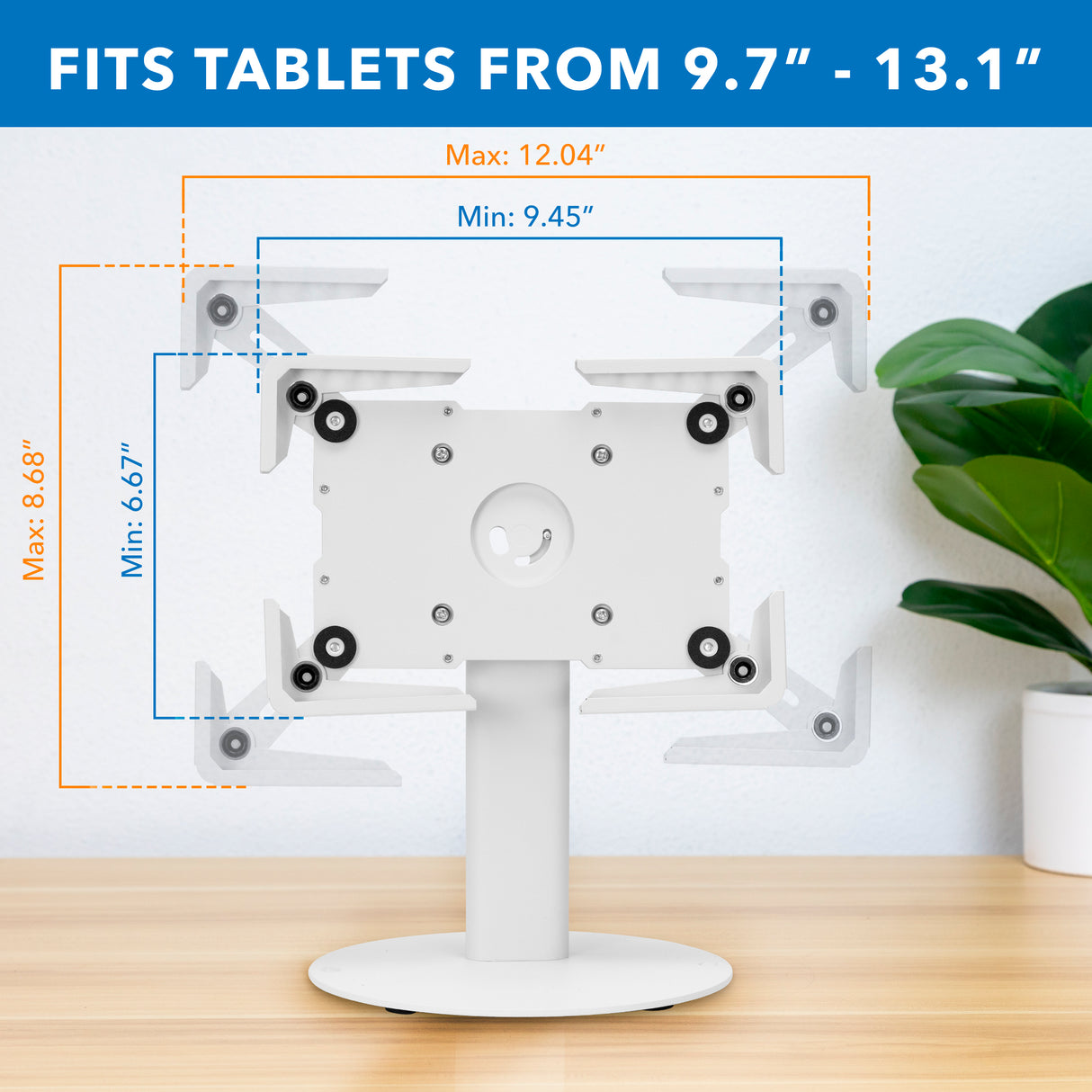 The Mount-It! Universal Tablet Countertop Stand with Tilt in white sits on a desk, showing measurements: width 9.45–12.04" and height 6.69–8.68". Text reads: Fits tablets from 9.7–13.1" for secure installation.