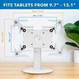 The Mount-It! Universal Tablet Countertop Stand with Tilt in white sits on a desk, showing measurements: width 9.45–12.04" and height 6.69–8.68". Text reads: Fits tablets from 9.7–13.1" for secure installation.