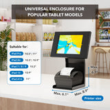 Mount-It! Anti-Theft Tablet Kiosk with Printer Shelf shown on a retail counter, displaying dimensions and compatible iPad models. Text: “Universal lockable tablet enclosure for popular tablets.”.