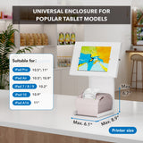 The Mount-It! Anti-Theft Tablet Kiosk with Printer Shelf is a lockable stand for compatible iPads, featuring a universal enclosure and a shelf that fits printers up to 6.1”W x 6.7”H x 8.9”D—ideal for modern stores.