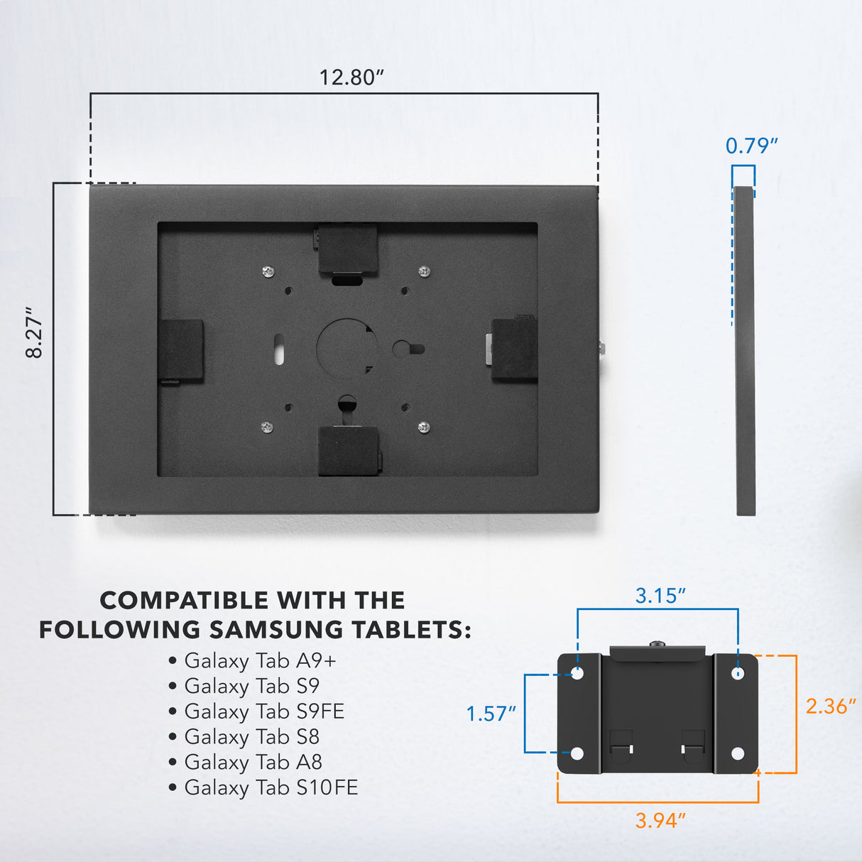 Diagram of the Anti-Theft Tablet Wall Mount for Samsung showing detailed dimensions including width, height, and depth, compatible with Galaxy Tab A9+, S9, S9FE, S8, A8, and S10FE tablets, featuring a lockable, tamper-proof design with mounting points for secure installation on walls or VESA stands.