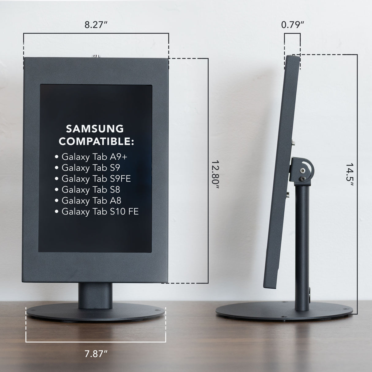 Anti-Theft Tablet Countertop Stand for Samsung shown from front and side views with dimensions, featuring a lockable enclosure compatible with Galaxy Tab A9+, S9, S9FE, S8, A8, and S10 FE, mounted on a freestanding round base with adjustable tilt and rotation for secure display in public spaces.