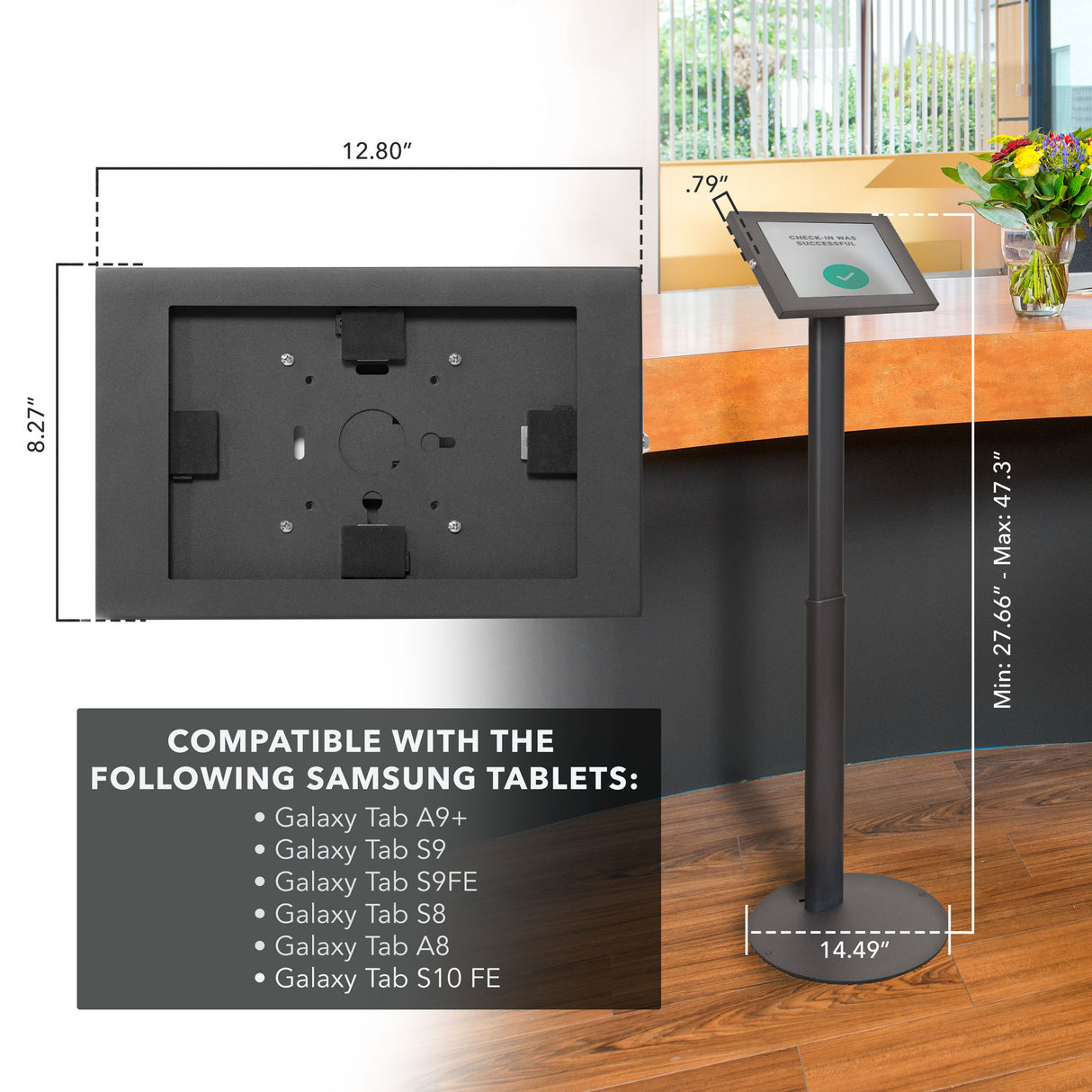 Anti-Theft Tablet Floor Stand for Samsung showing a lockable black enclosure designed for various Samsung Galaxy Tab models with dimensions 12.80 by 8.27 inches, a sturdy freestanding base measuring 14.49 inches in diameter, and an adjustable height ranging from 27.66 to 47.3 inches, positioned in a modern indoor setting near a window and countertop with flowers in a vase.